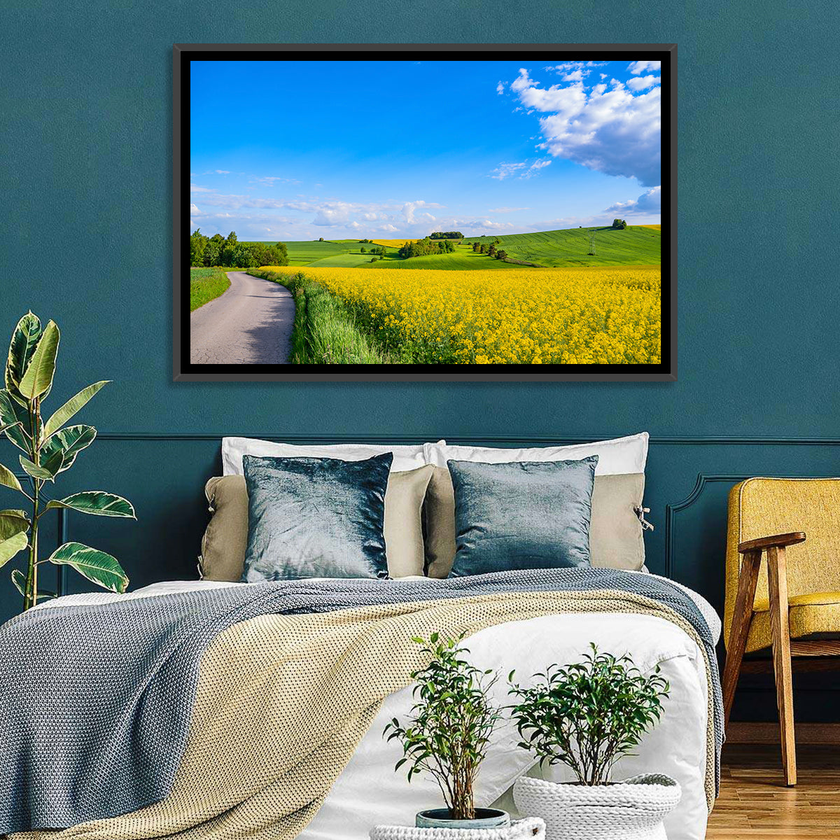 Rapeseed Field Road Under Blue Sky Wall Art in a room, landscape