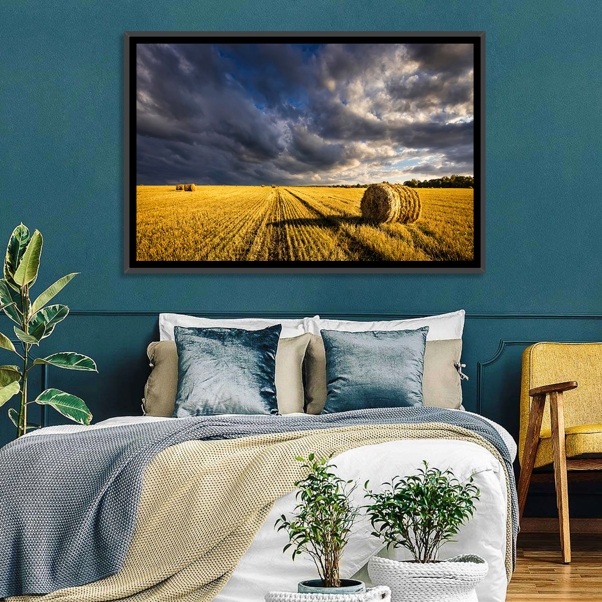 Hay Bale at Golden Hour Wall Art in a room, landscape