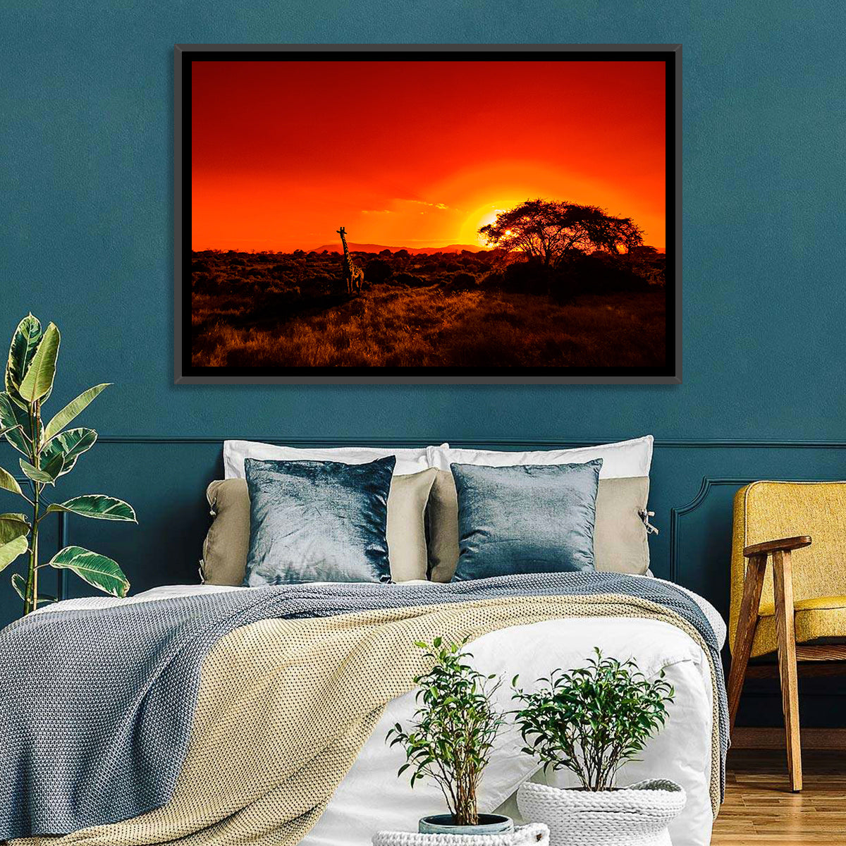 Savanna Sunset with Giraffe Wall Art in a room, landscape