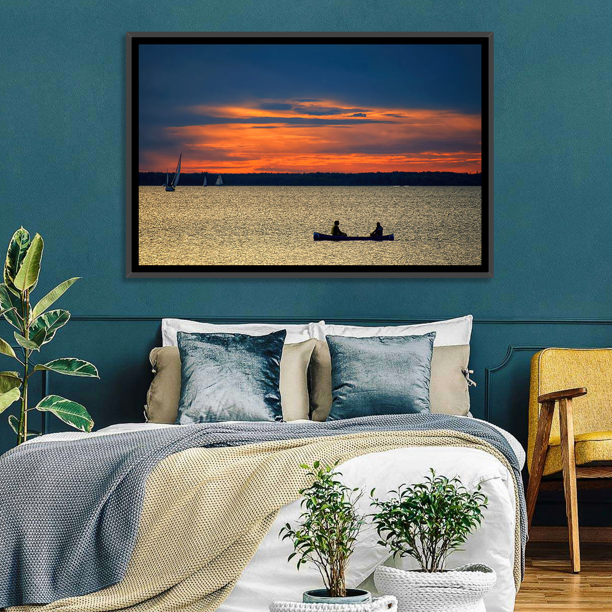 Ottawa River Sunset Canoe Wall Art in a room, landscape
