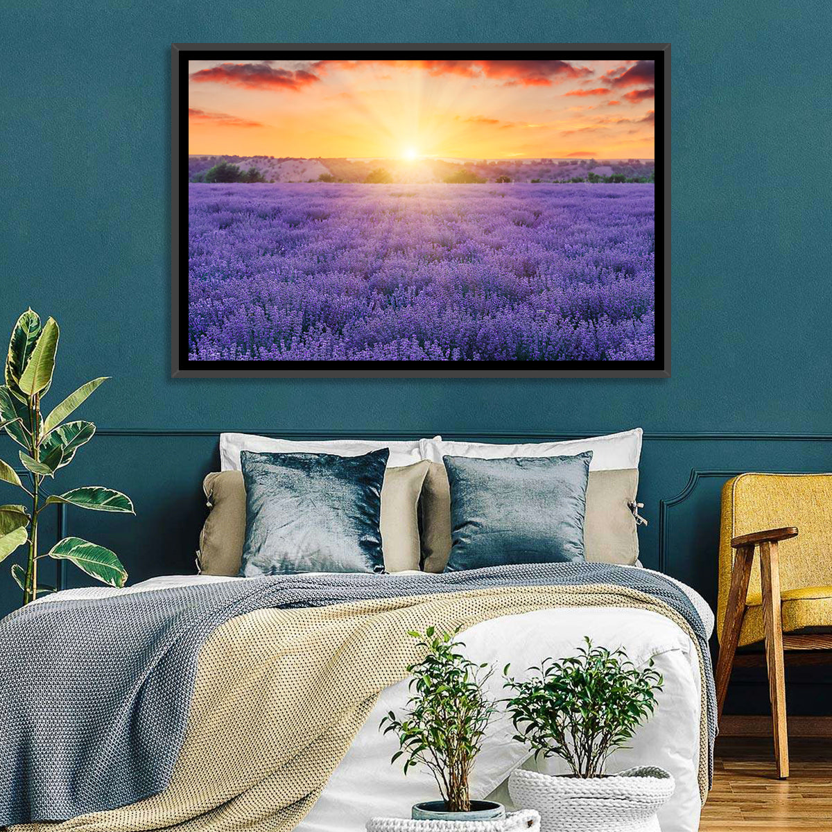 Lavender Field Sunburst Wall Art in a room, landscape