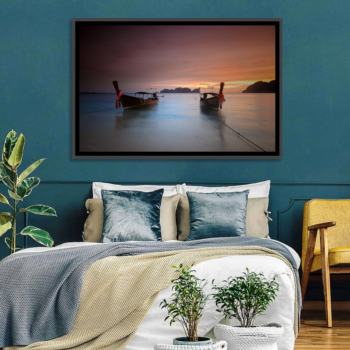 Phi Phi Longtail Boats at Golden Hour Wall Art in a room, landscape