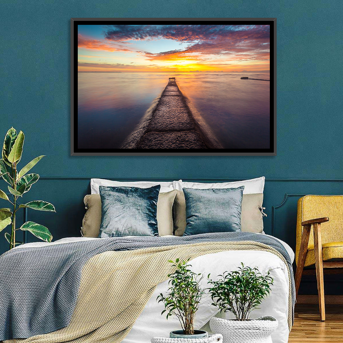 Stone Pier to Glowing Horizon Wall Art in a room, landscape