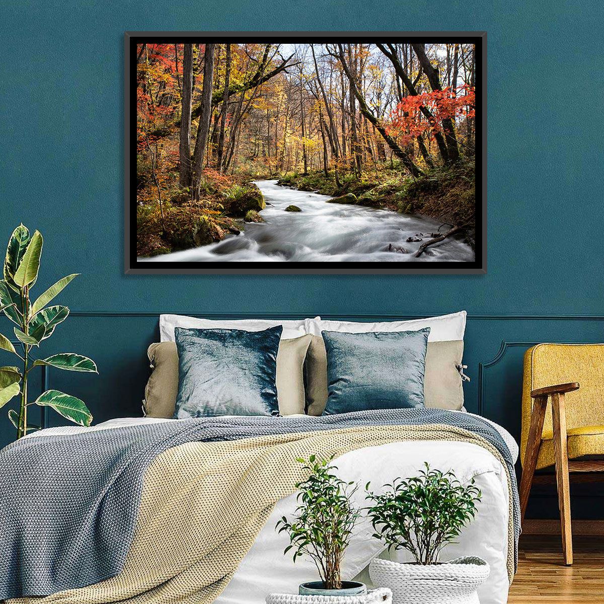 Sunlit Forest Stream Wall Art in a room, landscape
