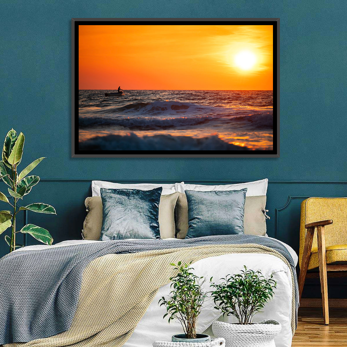 Sunset Fisherman Wall Art in a room, landscape