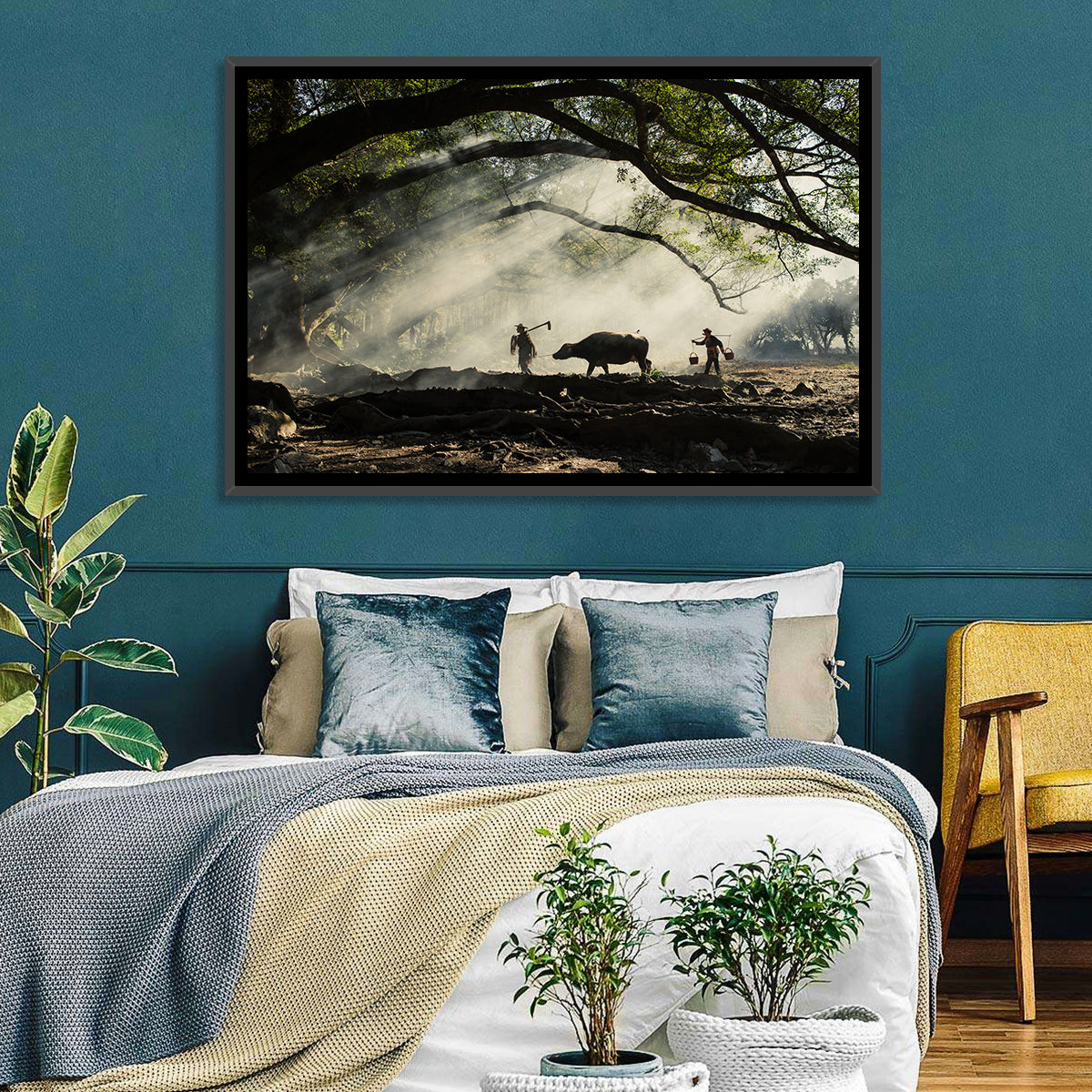 Village Morning with Buffalo Wall Art in a room, landscape