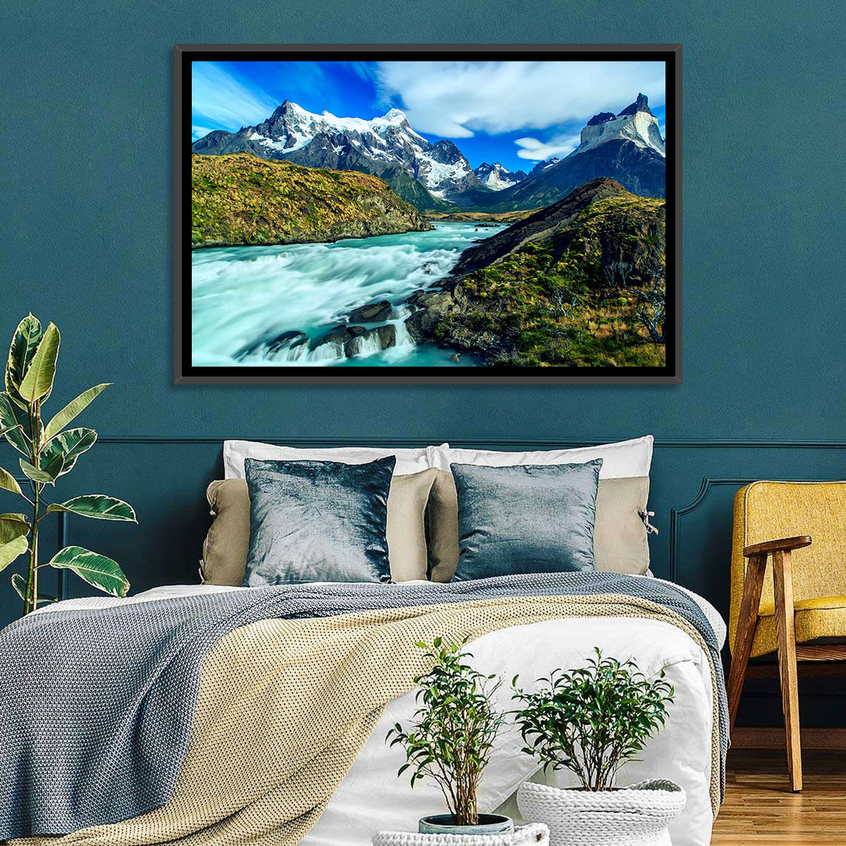 Torres Del Paine Glacier Stream Wall Art in a room, landscape