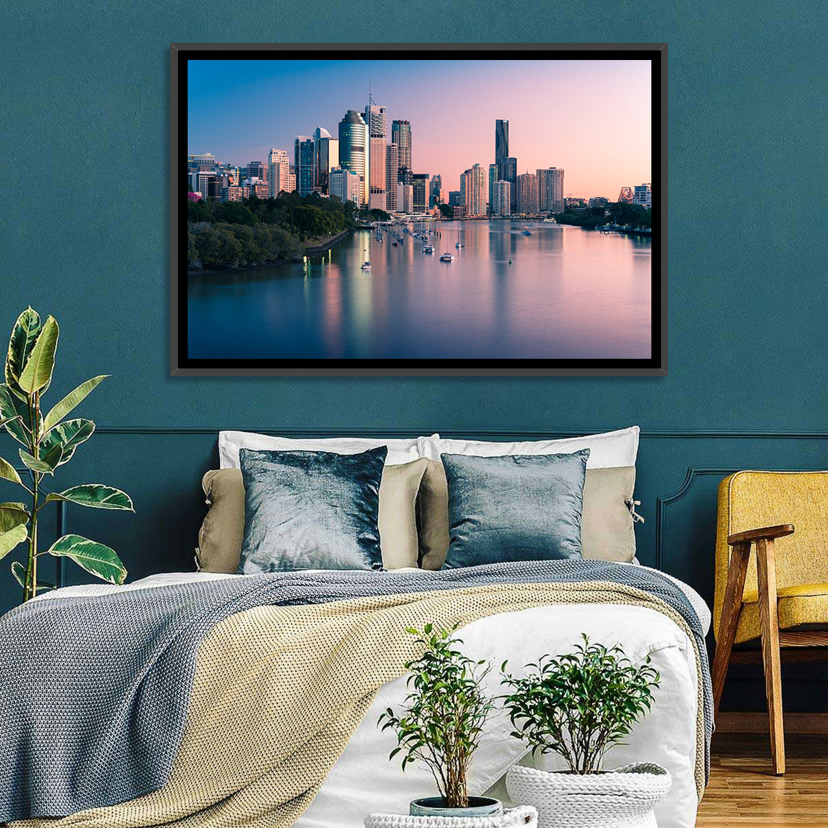 Brisbane River Skyline at Dusk Wall Art in a room, landscape
