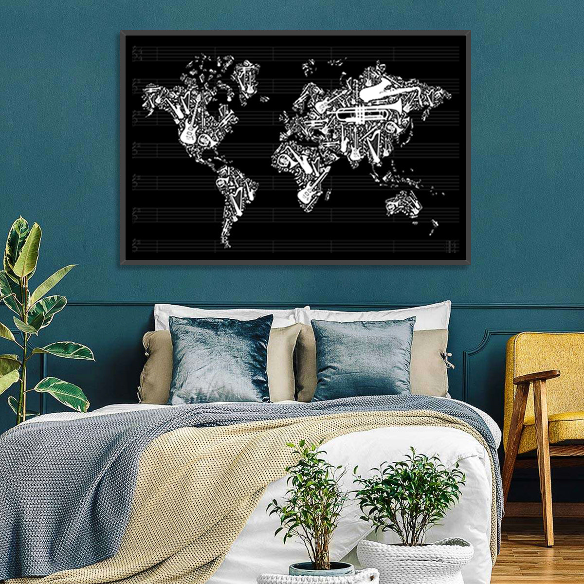 Instrument Silhouette World Map Wall Art in a room, landscape
