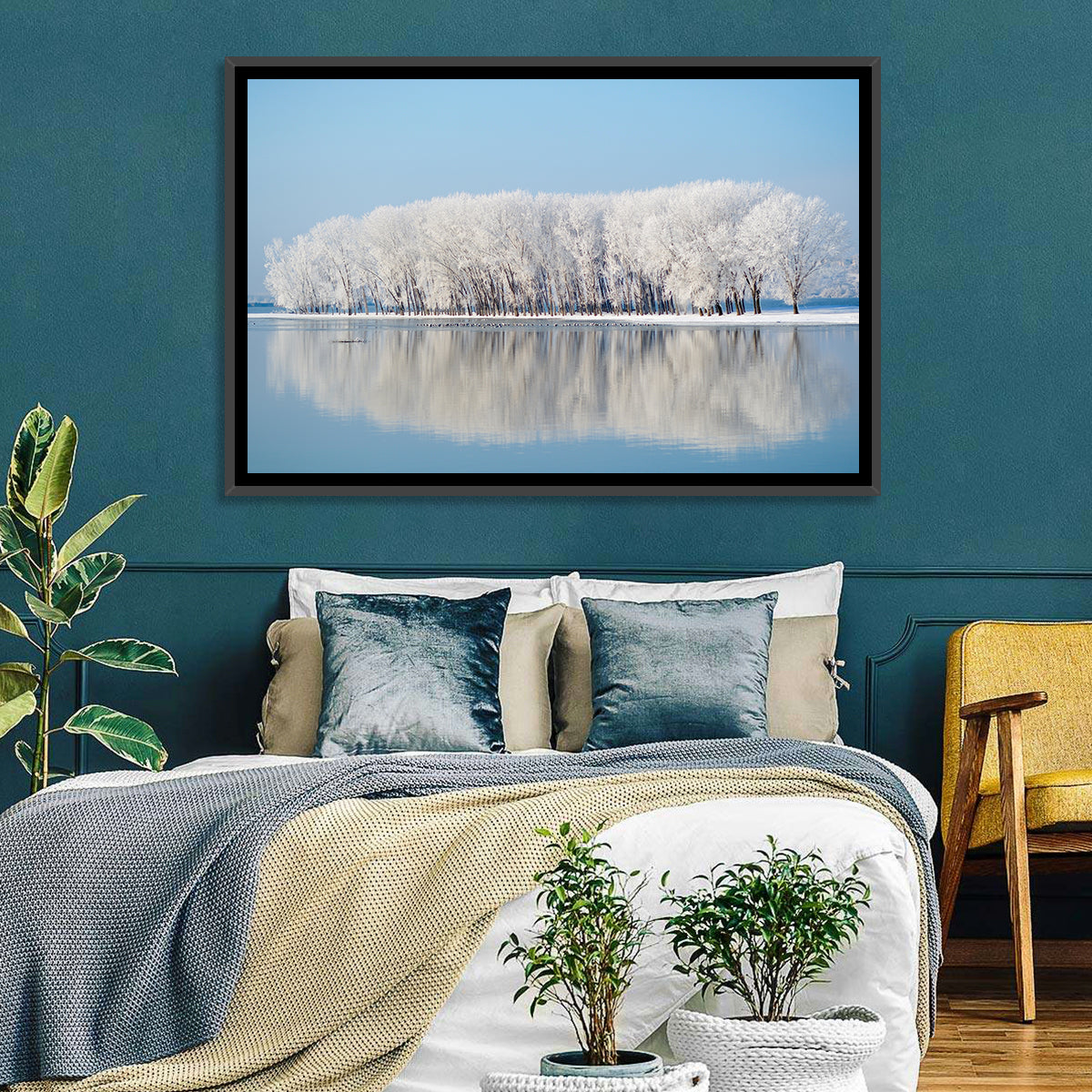 Frost Covered Lakeside Trees Wall Art in a room, landscape