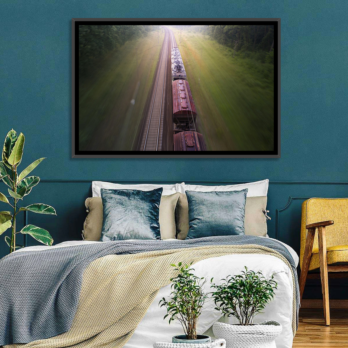 Freight Train Through Forest Wall Art in a room, landscape