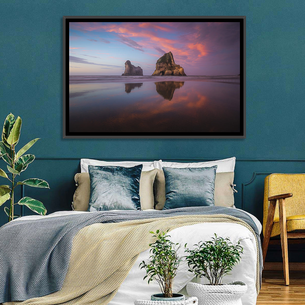 Wharariki Beach Sunrise Wall Art in a room, landscape