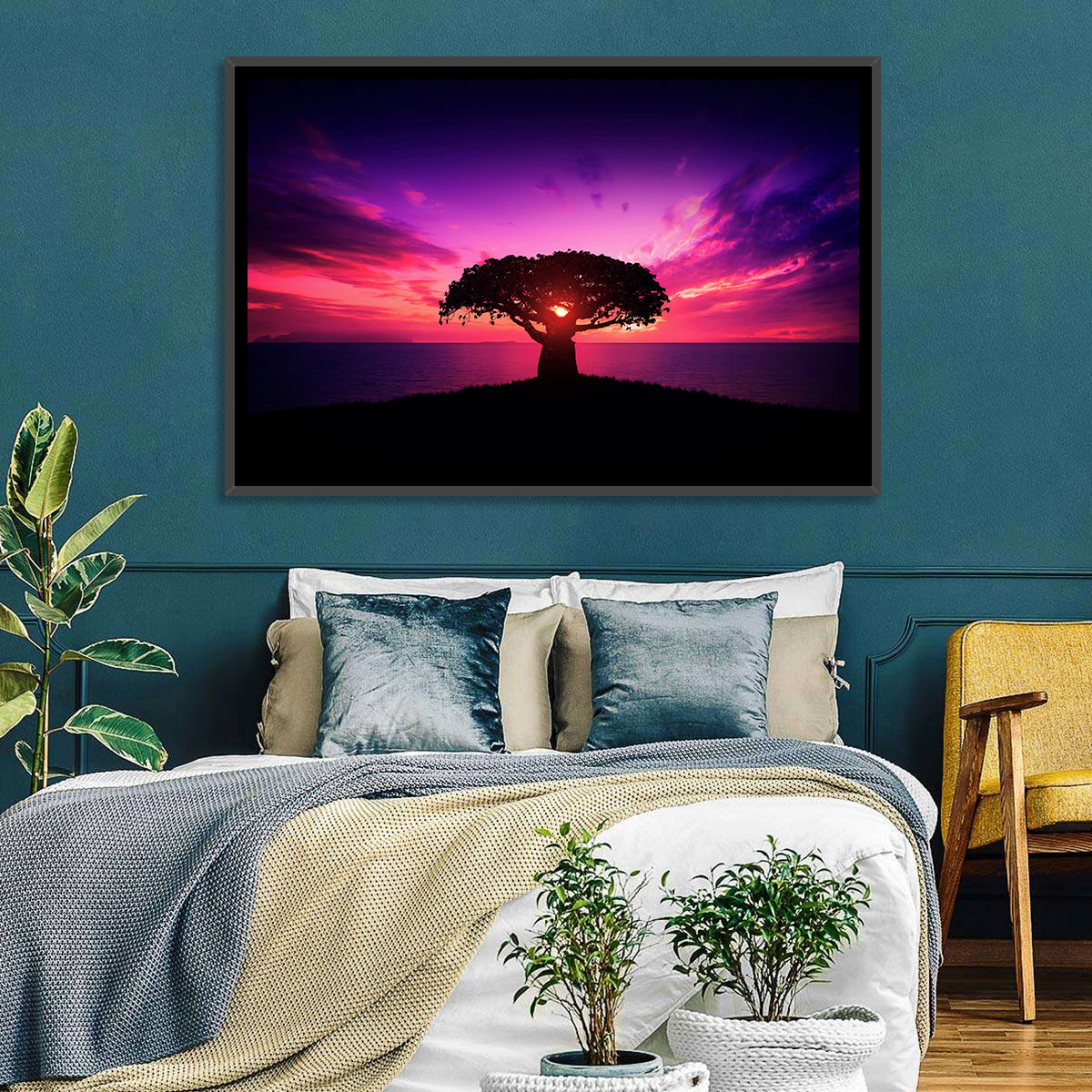 Baobab Sunset Silhouette Wall Art in a room, landscape