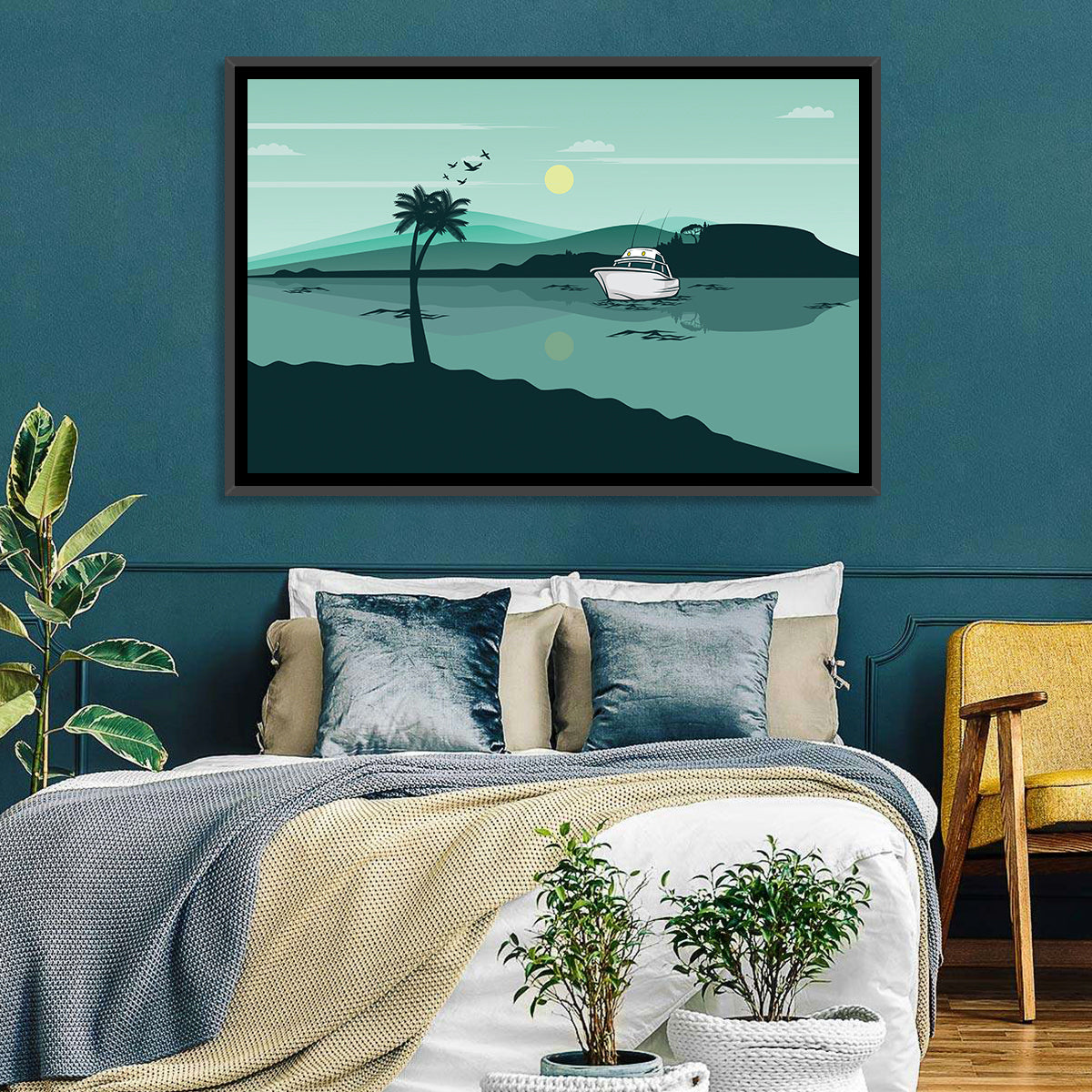 Teal Lake Boat with Palm Tree Wall Art in a room, landscape