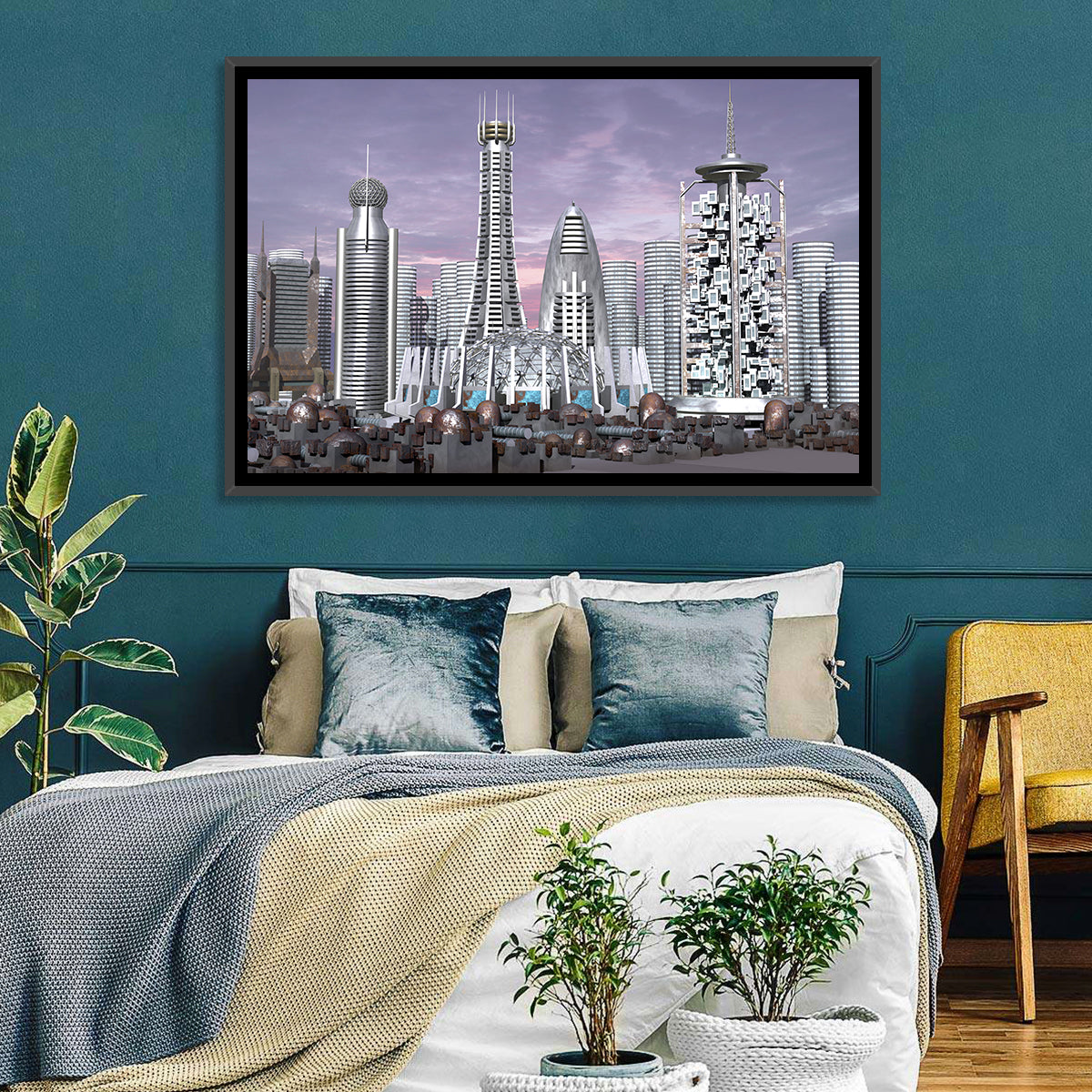 Purple Dusk Futuristic Cityscape Wall Art in a room, landscape