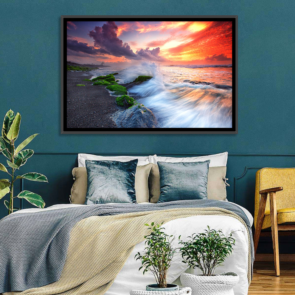 Ocean Waves Under Burning Sky Wall Art