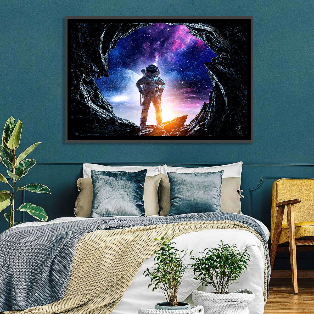 Astronaut at Alien Planet Cave Wall Art in a room, landscape