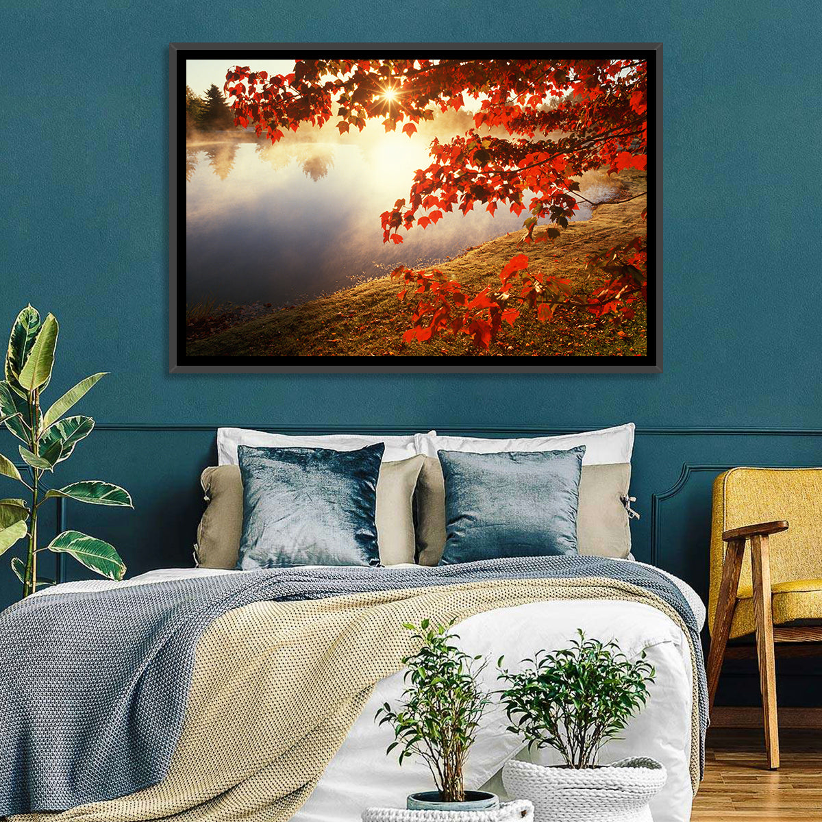 Autumn Pond Sunrise Connecticut Wall Art in a room, landscape