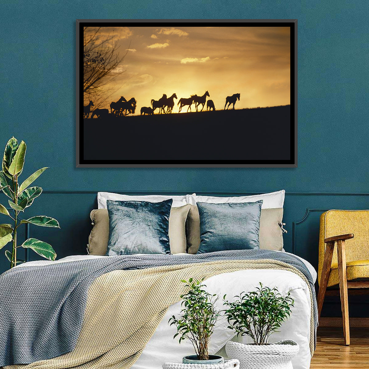 Mustang Silhouettes at Sunset Wall Art in a room, landscape