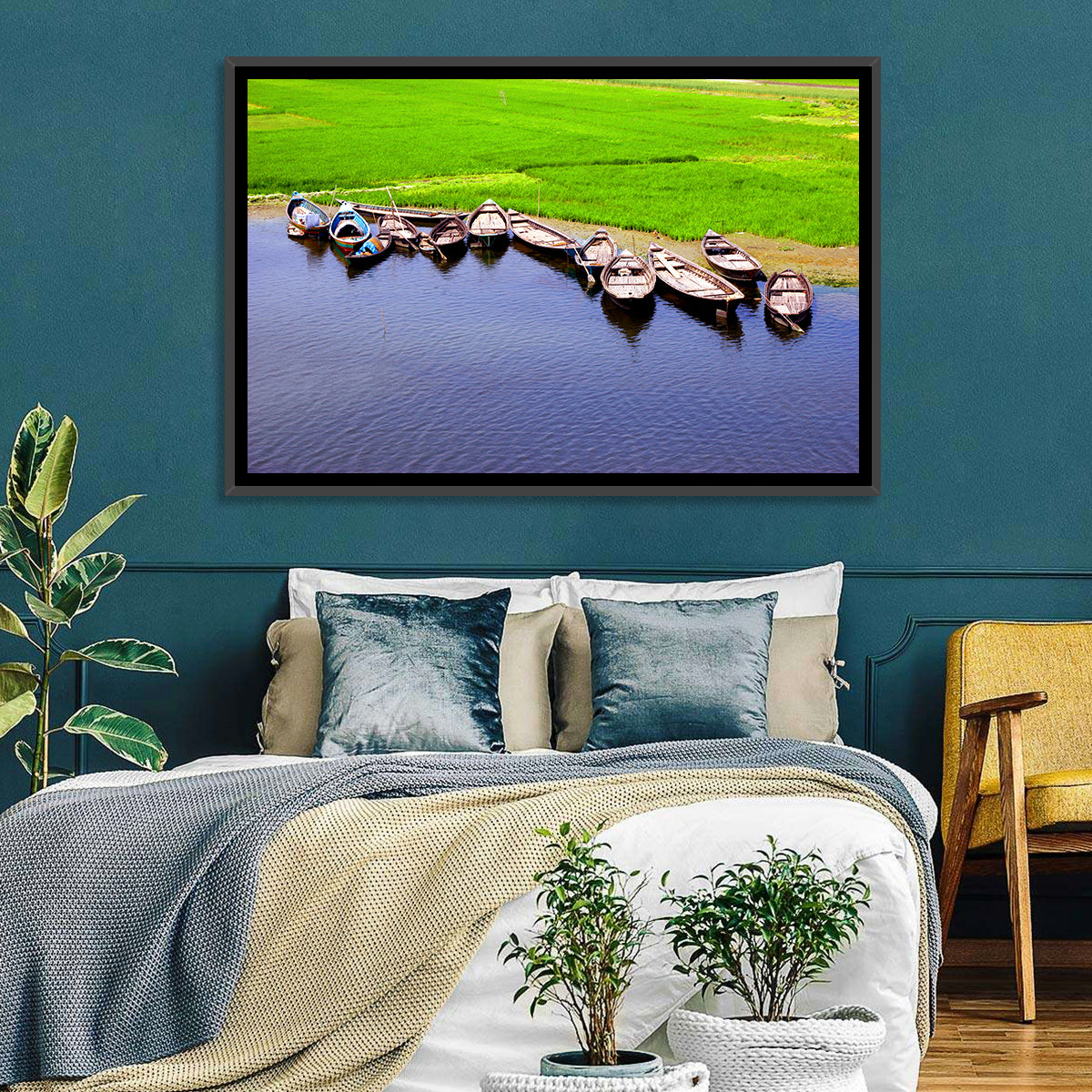 Boats at the Shoreline Wall Art in a room, landscape