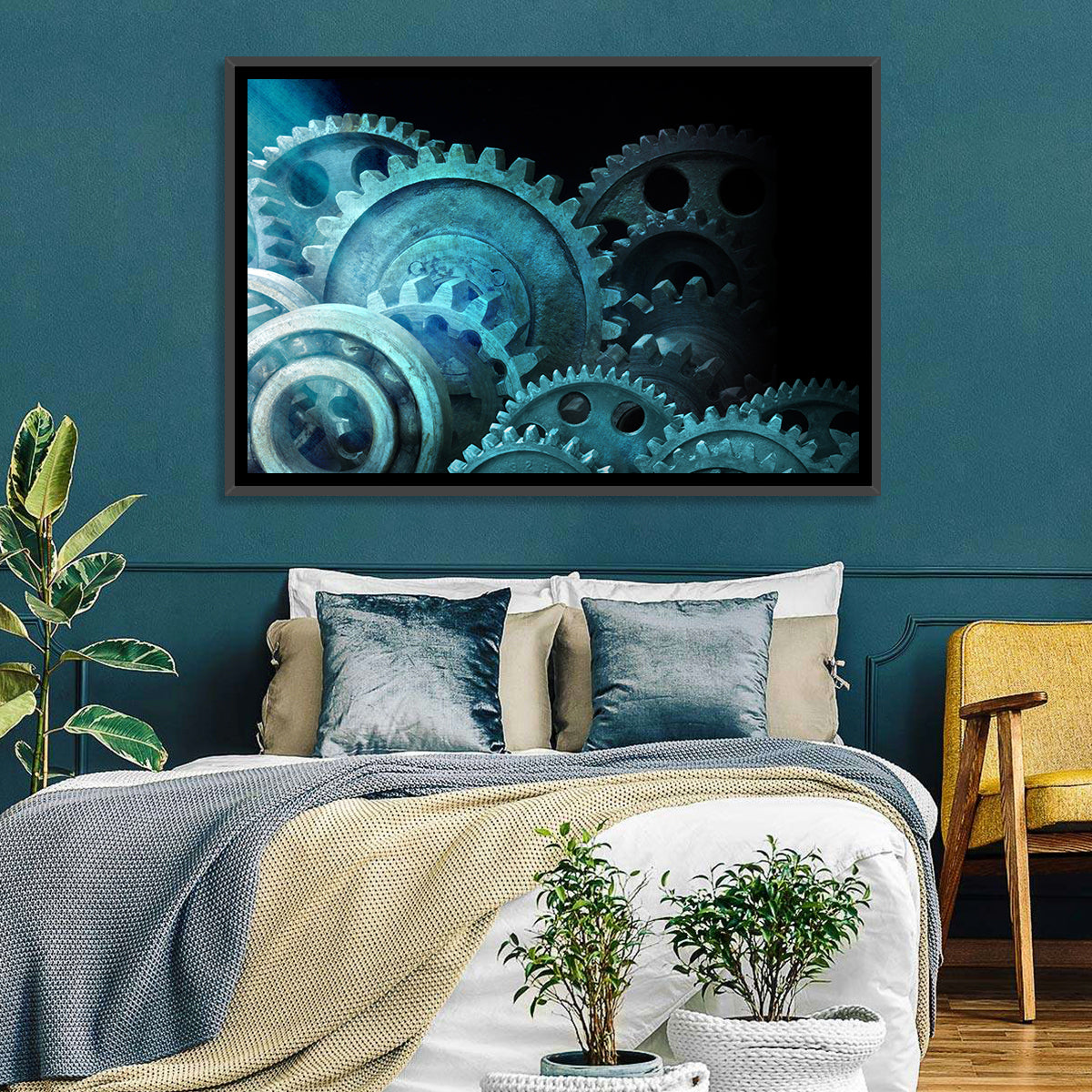 Teal and Steel Cogwheel Close-up Wall Art