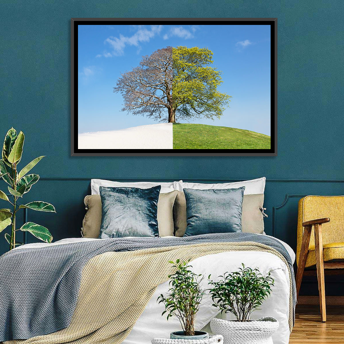 Split Season Tree Landscape Wall Art in a room, landscape