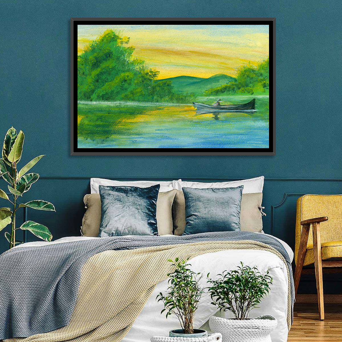 Rowboat on Serene Lake Watercolor Wall Art in a room, landscape