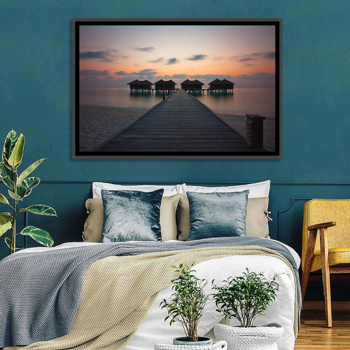 Overwater Bungalows at Sunset Wall Art in a room, landscape
