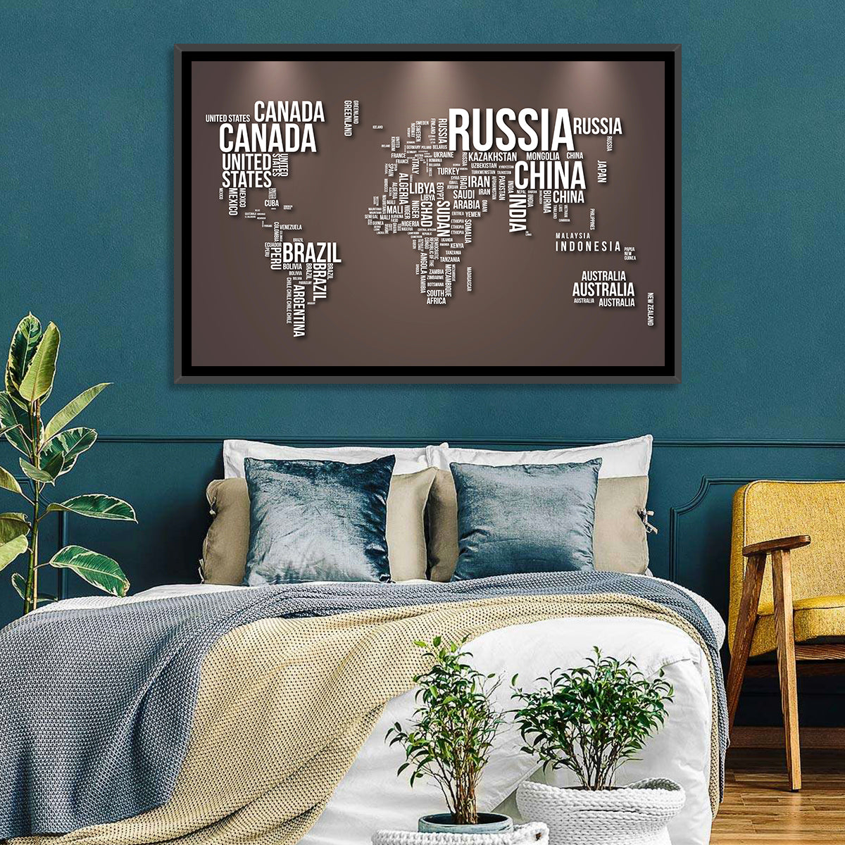 World Map Typography in Brown and White Wall Art in a room, landscape