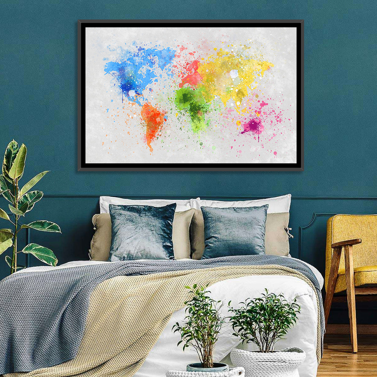 Vibrant Watercolor World Map Wall Art in a room, landscape