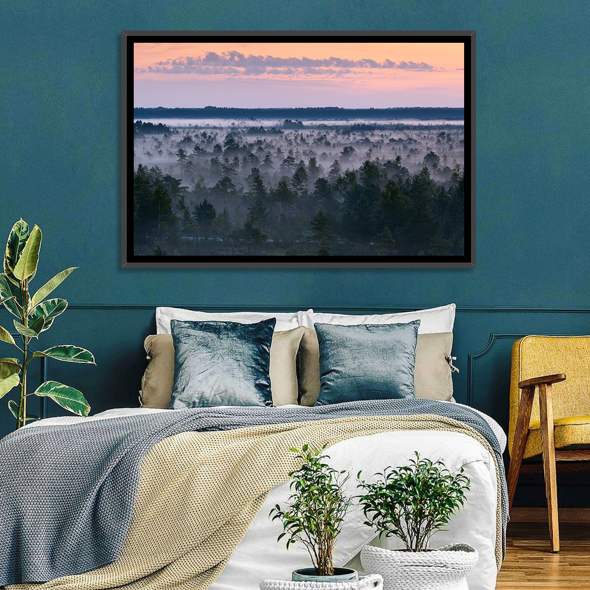 Estonian Misty Pine Landscape Wall Art in a room, landscape