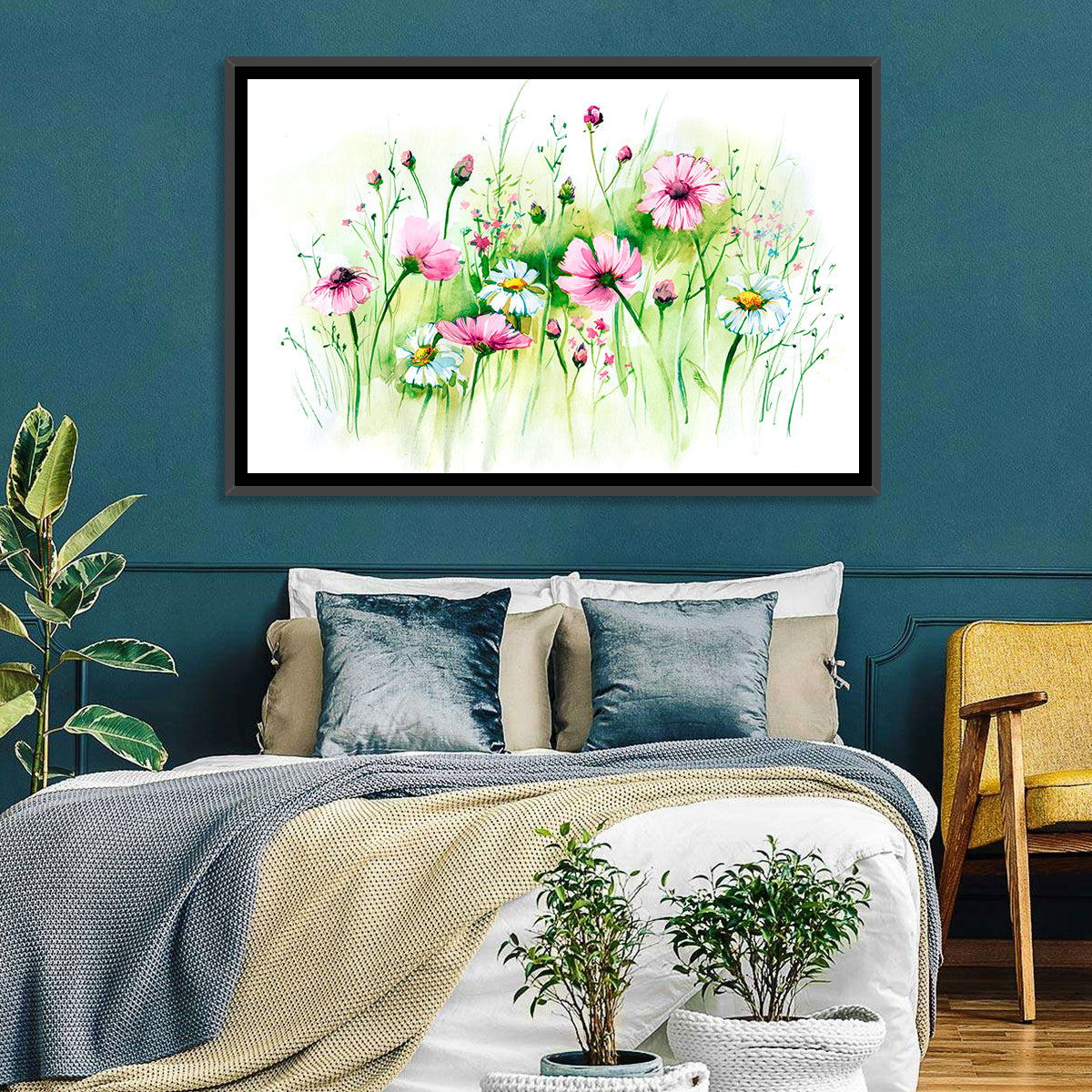 Airy Wildflower Meadow Watercolor Wall Art in a room, landscape