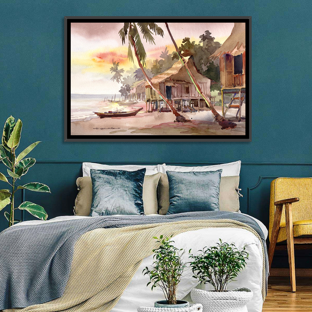 Malaysian Coastal Village at Sunset Wall Art in a room, landscape