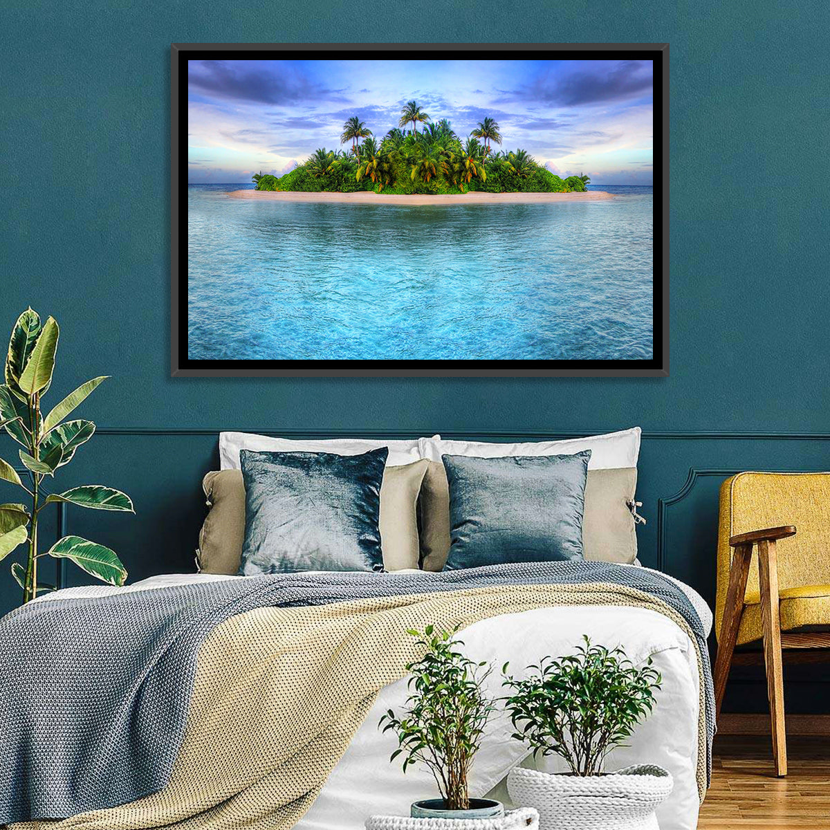 Mirrored Tropical Island Lagoon Wall Art in a room, landscape