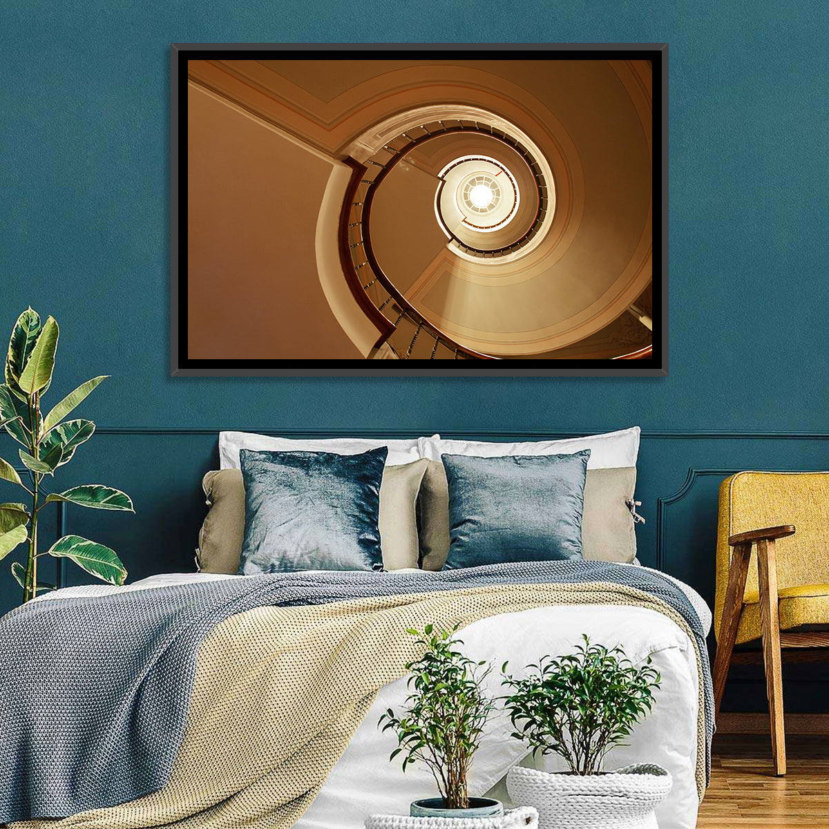 Worms-eye Spiral Staircase Wall Art in a room, landscape