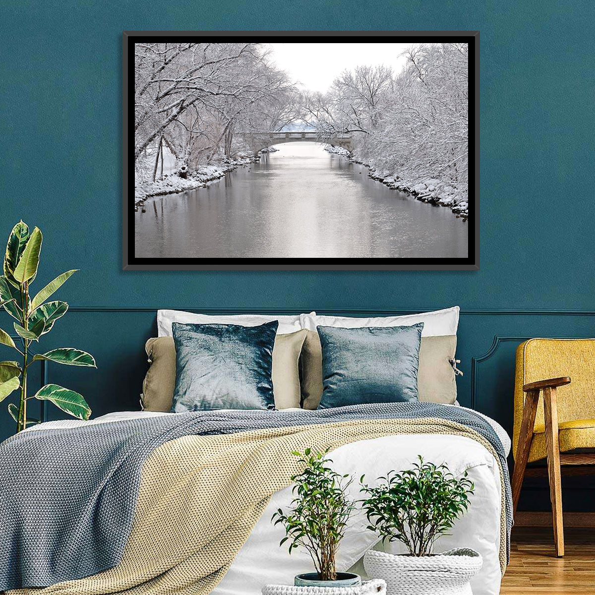 Yahara River Winter Stone Bridge Wall Art in a room, landscape
