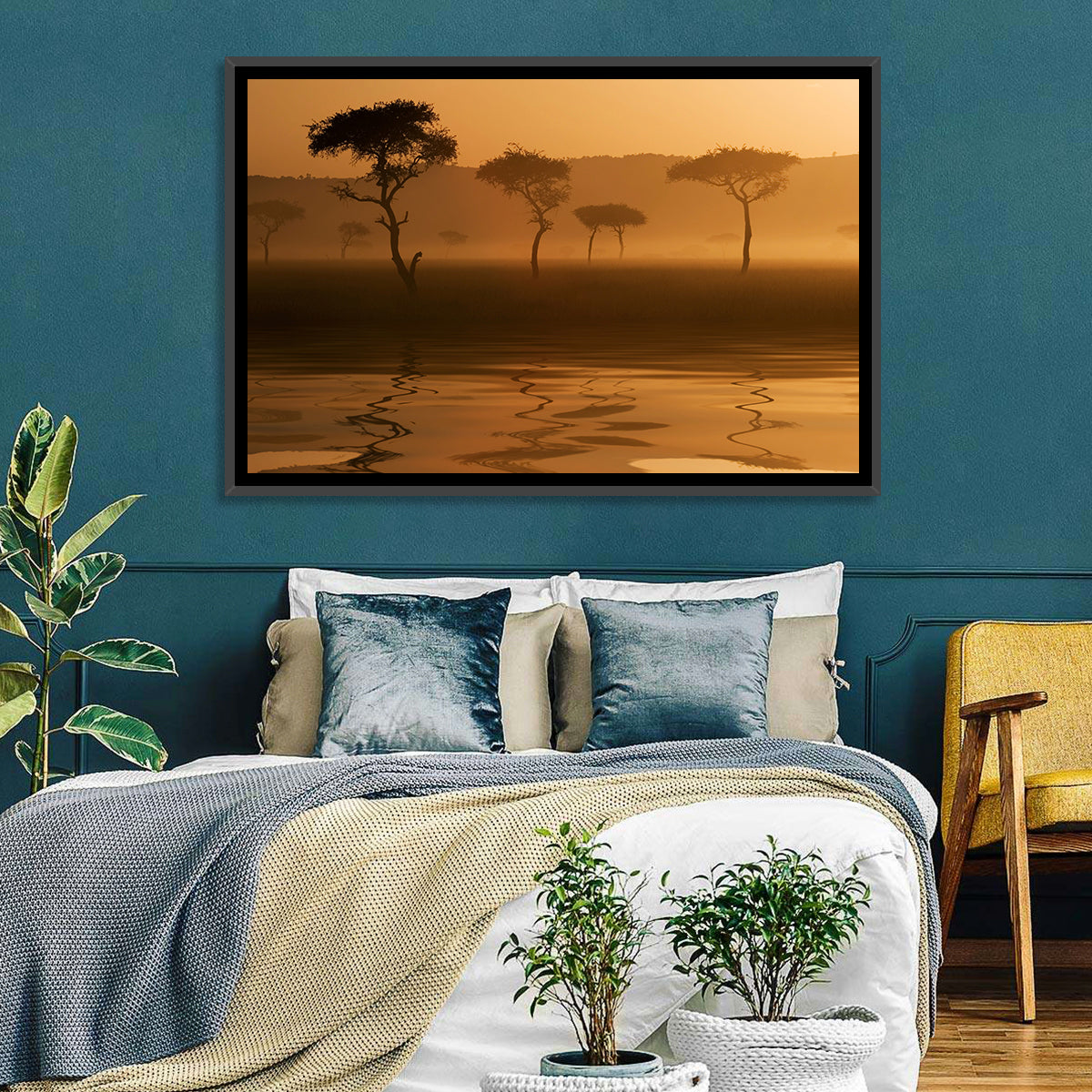 Savanna Sunset Acacia Silhouettes Wall Art in a room, landscape