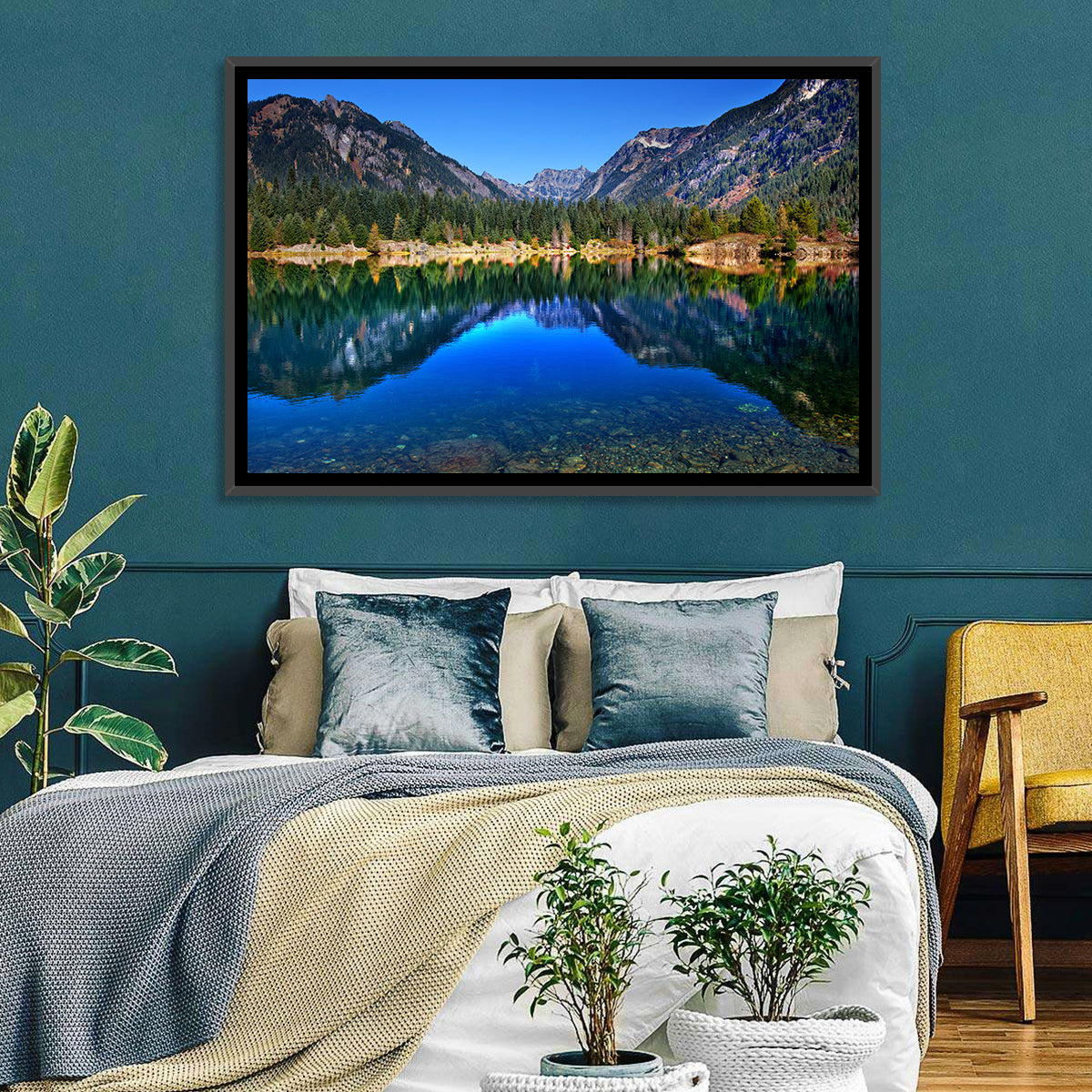 Gold Lake Reflection Wall Art in a room, landscape