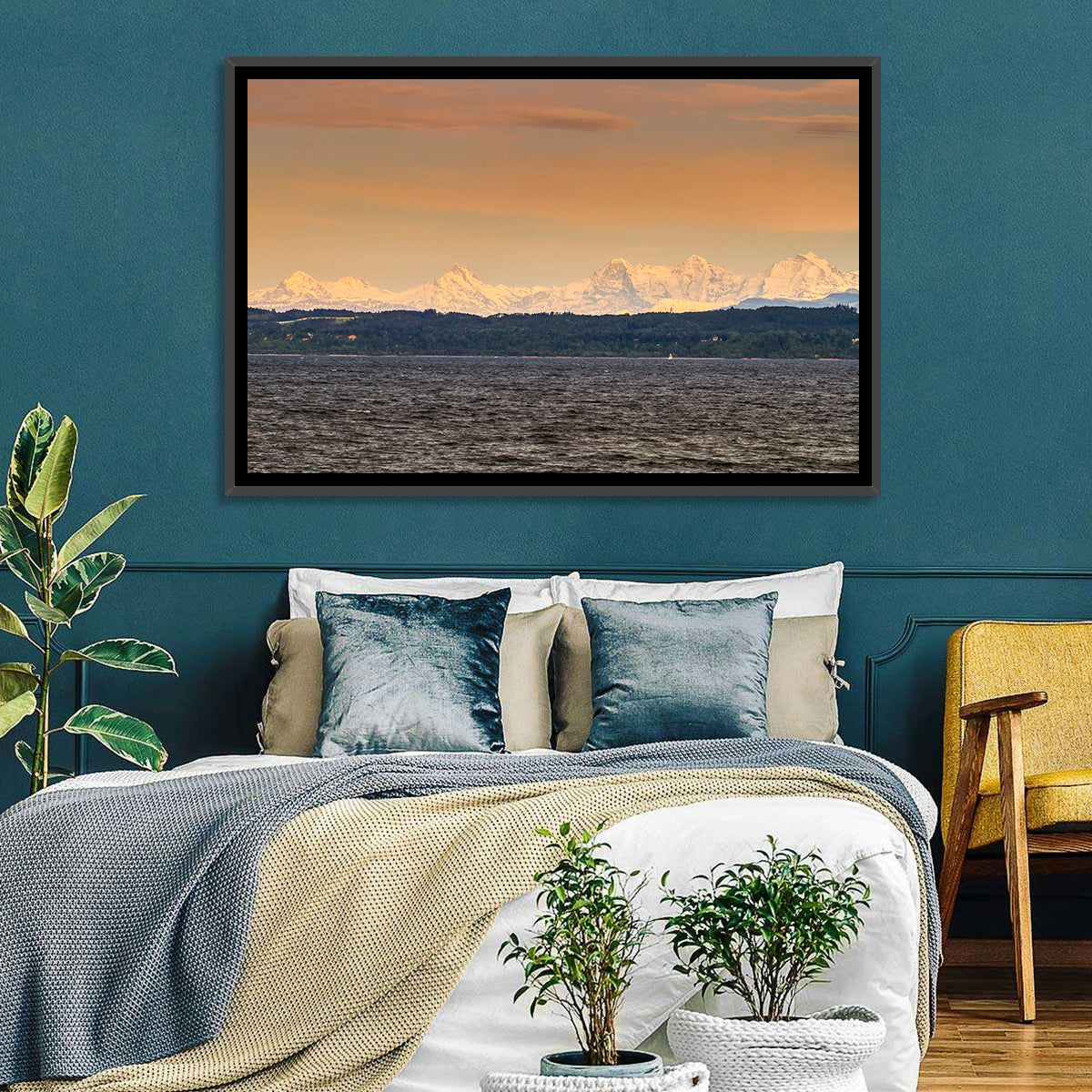 Lake Neuchatel Golden Hour Wall Art in a room, landscape