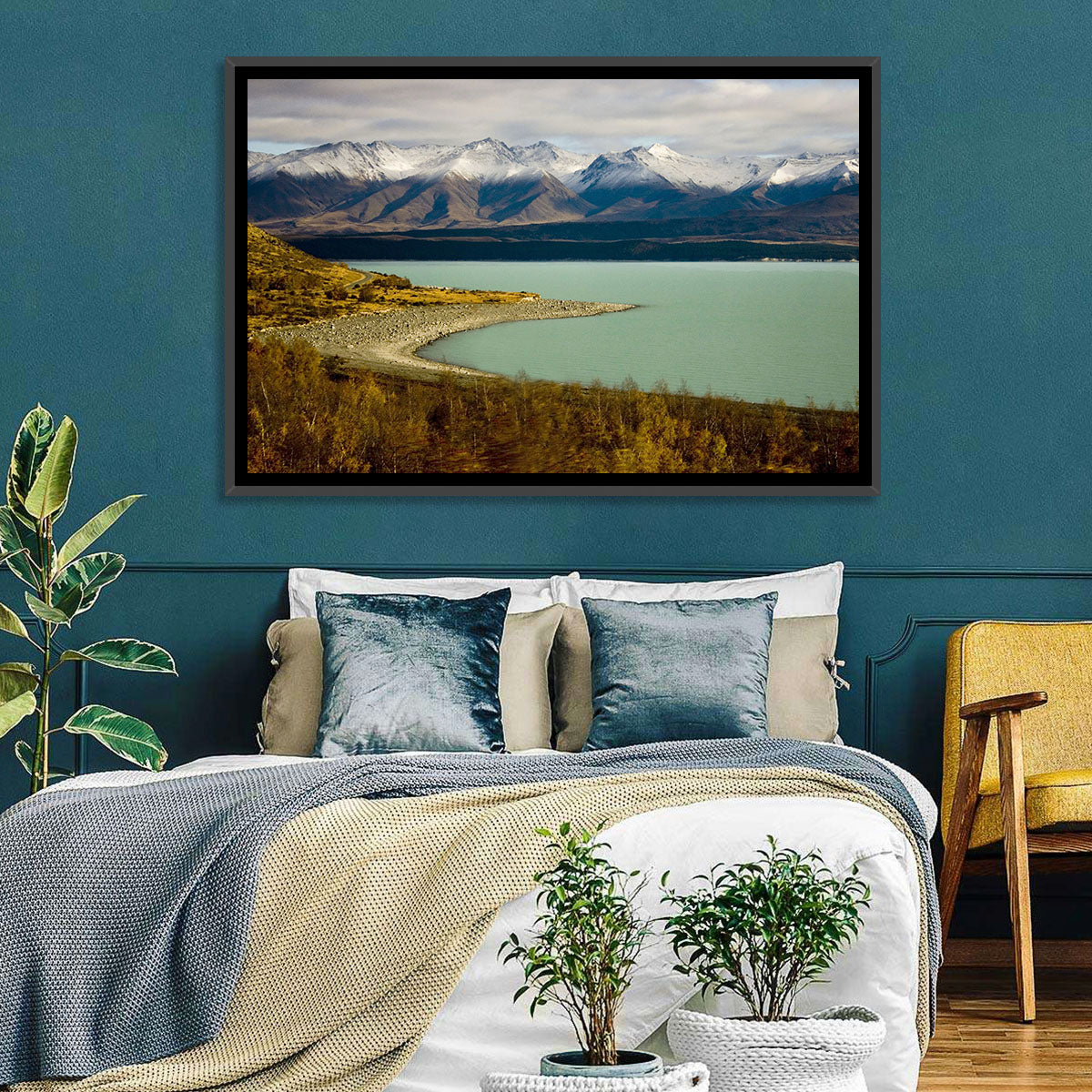 Lake Pukaki Autumn Shoreline Wall Art in a room, landscape