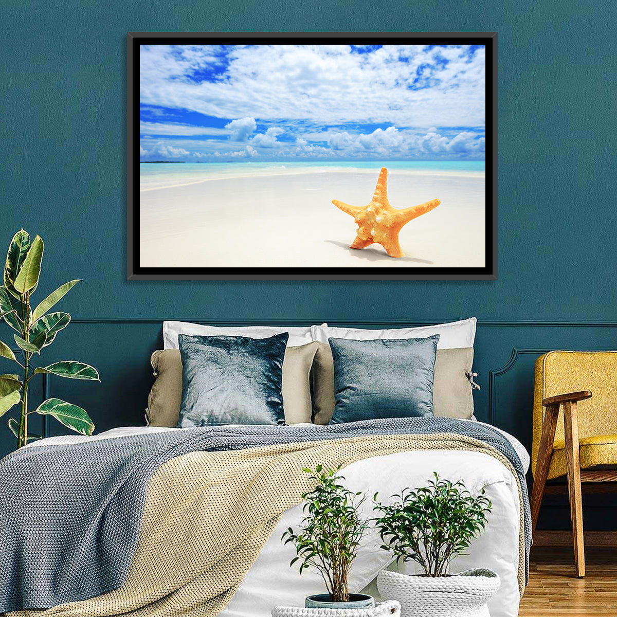 Minimalist Yellow Starfish on Turquoise Shore Wall Art in a room, landscape