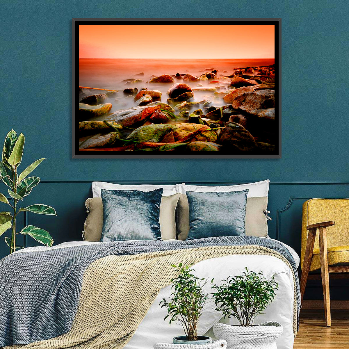 Lake Shore Sunset Wall Art in a room, landscape
