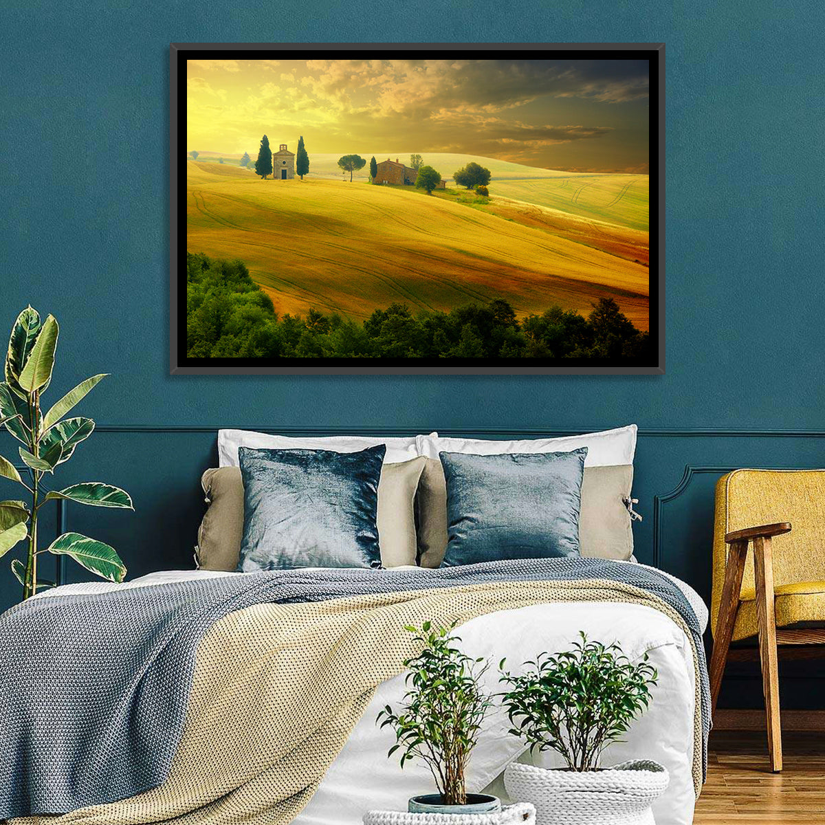 Tuscany Golden Hour Landscape Wall Art in a room, landscape