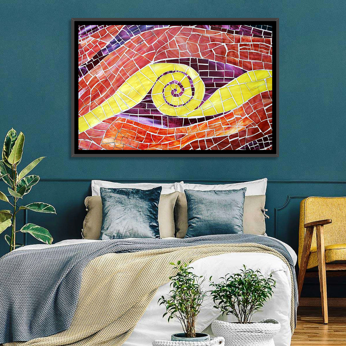 Red and Yellow Spiral Mosaic Wall Art in a room, landscape