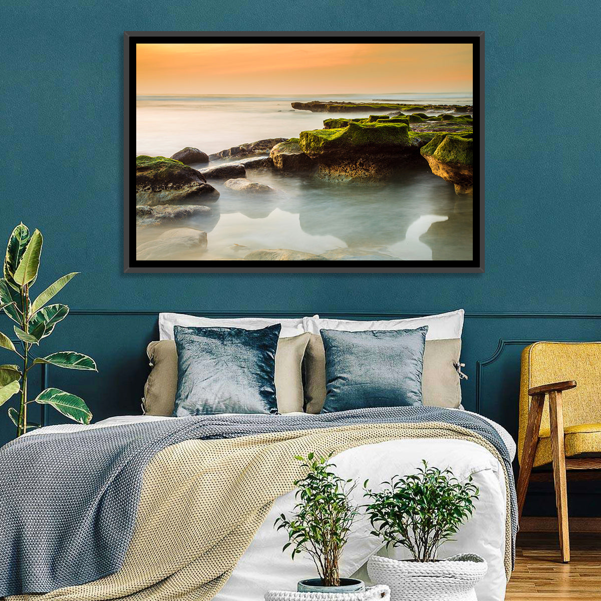 Mossy Rocky Coastline at Golden Hour Wall Art in a room, landscape