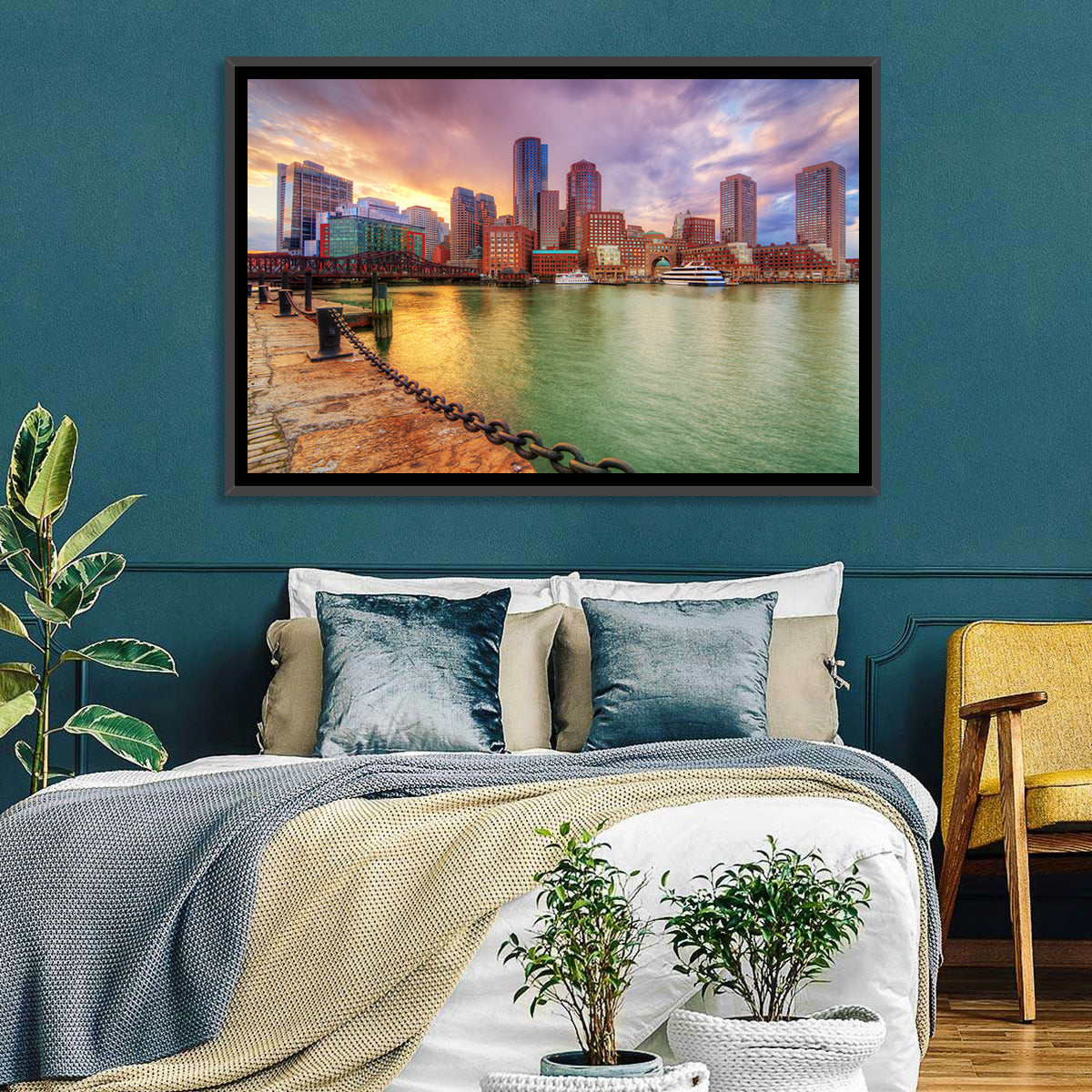 Boston Harbor Skyline at Sunset Wall Art in a room, landscape