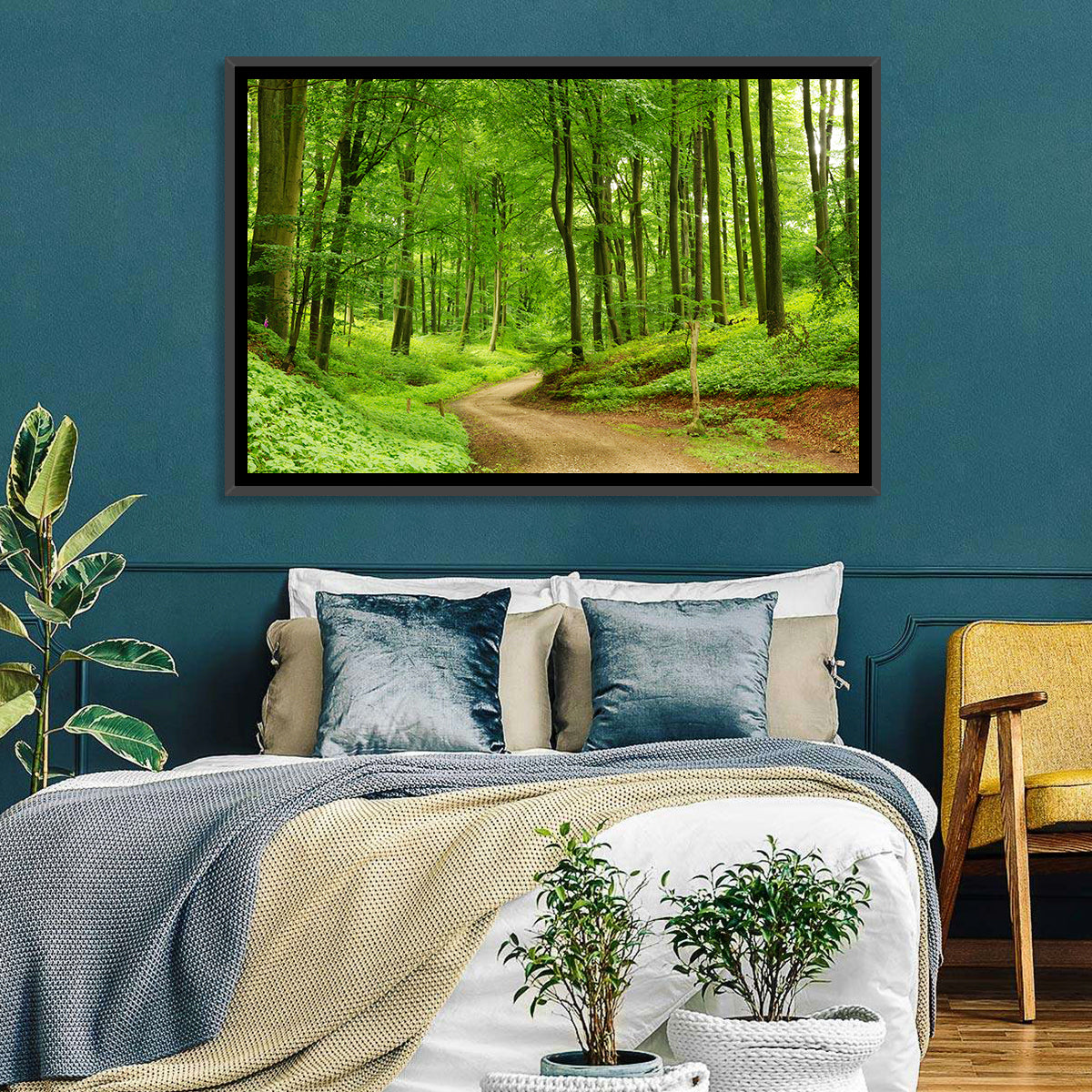 Sunlit Forest Path Wall Art in a room, landscape