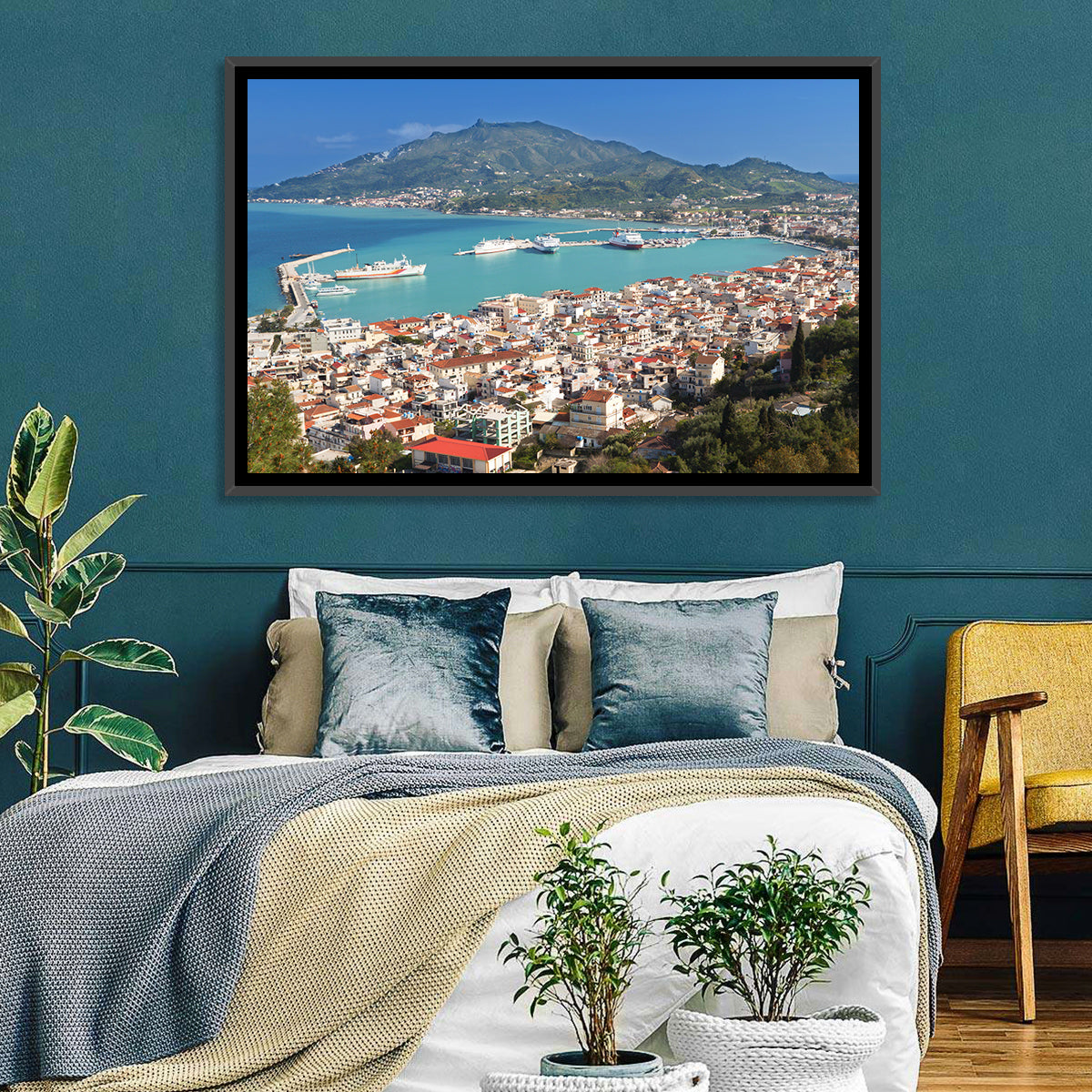 Zakynthos Harbor View Wall Art in a room, landscape