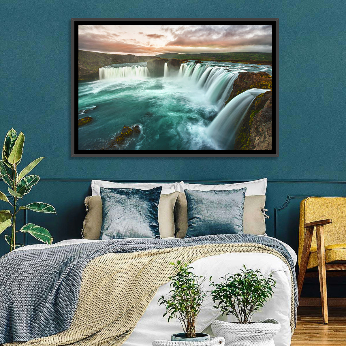 Goðafoss Waterfall at Golden Hour Wall Art in a room, landscape
