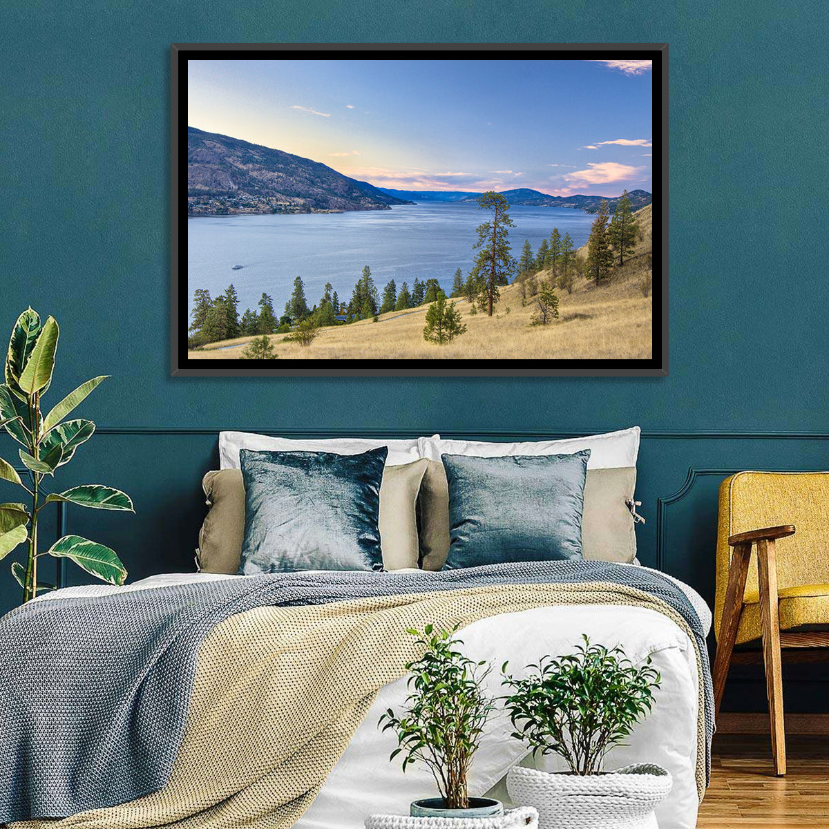 Blue Lake Okanagan Wall Art in a room, landscape